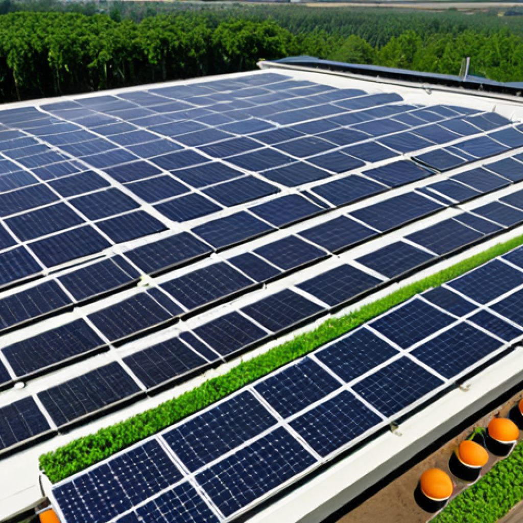 **

A modern food production facility with advanced technology reducing water consumption. The image emphasizes sustainability with solar panels on the roof, and lush green plants surrounding the building. Workers are efficiently operating the machinery, showcasing a blend of technology and environmental consciousness. Focus on conveying efficiency, eco-friendliness, and a positive impact.

**