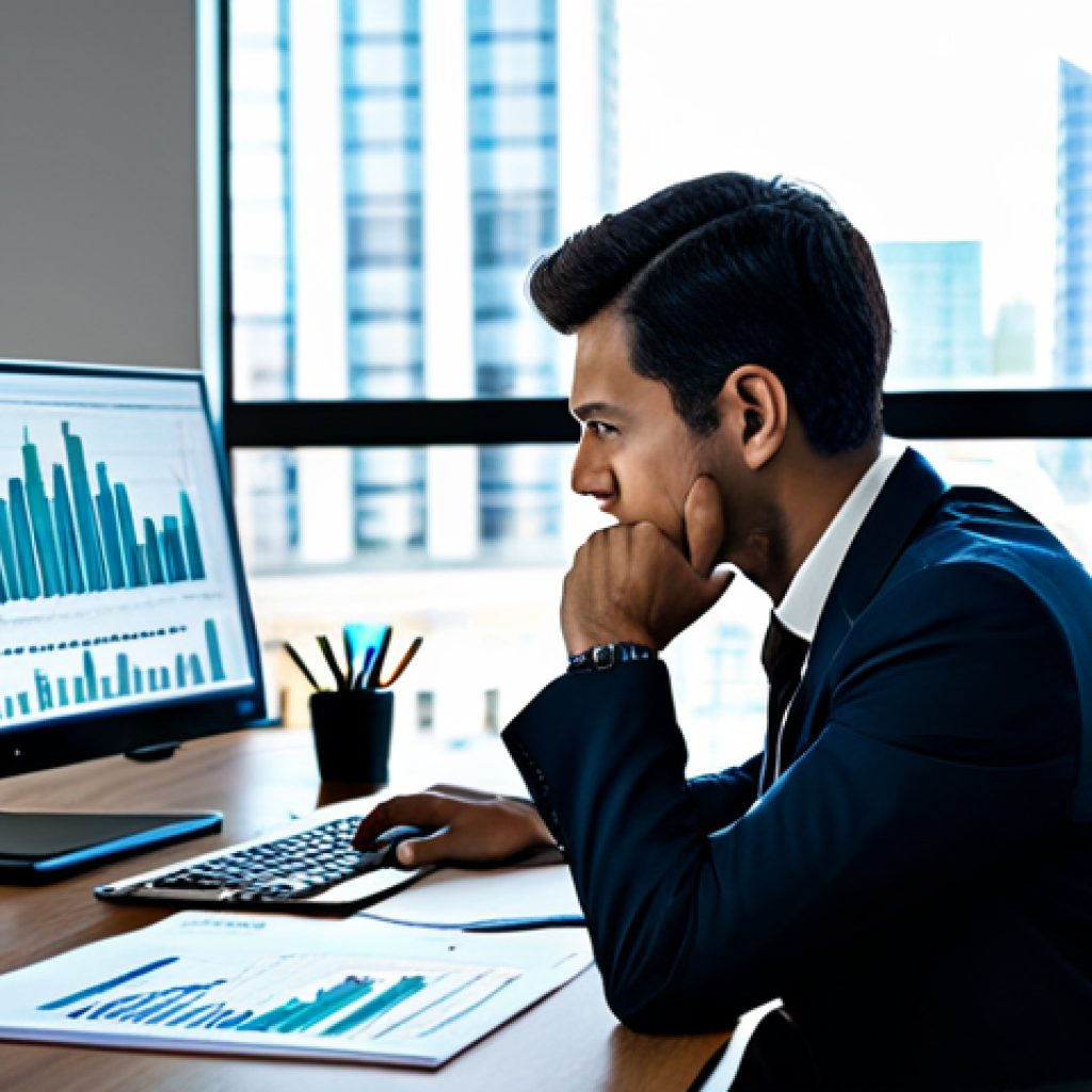 A focused professional investor in a modest business suit, sitting at a large desk with multiple computer screens displaying complex financial charts, detailed data visualizations, and comprehensive financial reports. One hand is on a mouse, while the other thoughtfully rests on a notebook. The background is a modern, well-lit office with a subtle cityscape view through a window, conveying a dynamic financial environment and deep analytical thought. The image should feature perfect anatomy, correct proportions, well-formed hands, proper finger count, and natural body proportions, presenting a professional and natural pose. safe for work, appropriate content, fully clothed, professional dress, modest clothing, family-friendly, high quality.