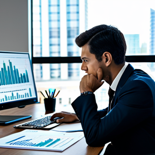 Home 7 A focused professional investor in a modest business suit, sitting at a large desk with multiple computer screens displaying complex financial charts, detailed data visualizations, and comprehensive financial reports. One hand is on a mouse, while the other thoughtfully rests on a notebook. The background is a modern, well-lit office with a subtle cityscape view through a window, conveying a dynamic financial environment and deep analytical thought. The image should feature perfect anatomy, correct proportions, well-formed hands, proper finger count, and natural body proportions, presenting a professional and natural pose. safe for work, appropriate content, fully clothed, professional dress, modest clothing, family-friendly, high quality.