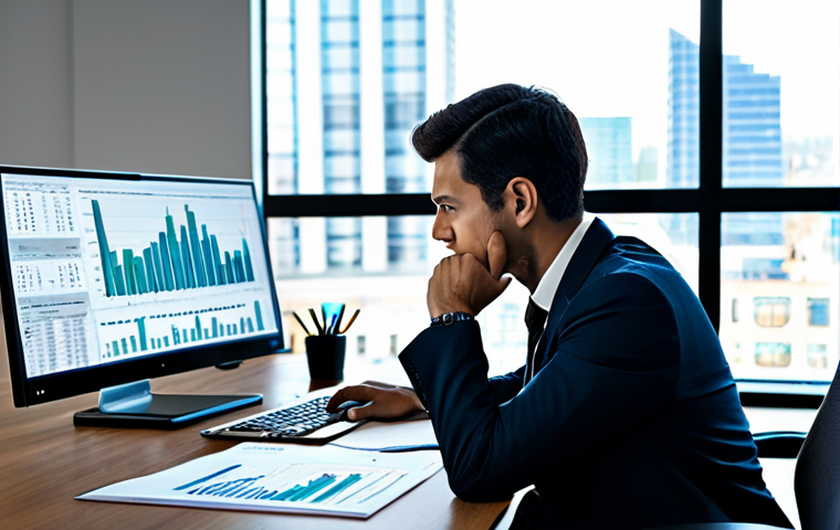 A focused professional investor in a modest business suit, sitting at a large desk with multiple computer screens displaying complex financial charts, detailed data visualizations, and comprehensive financial reports. One hand is on a mouse, while the other thoughtfully rests on a notebook. The background is a modern, well-lit office with a subtle cityscape view through a window, conveying a dynamic financial environment and deep analytical thought. The image should feature perfect anatomy, correct proportions, well-formed hands, proper finger count, and natural body proportions, presenting a professional and natural pose. safe for work, appropriate content, fully clothed, professional dress, modest clothing, family-friendly, high quality.