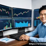 Home 20 팩터 투자 성과 분석 사례 연구 - A modern Vietnamese investor working at a sleek home office with multiple computer screens displayin...