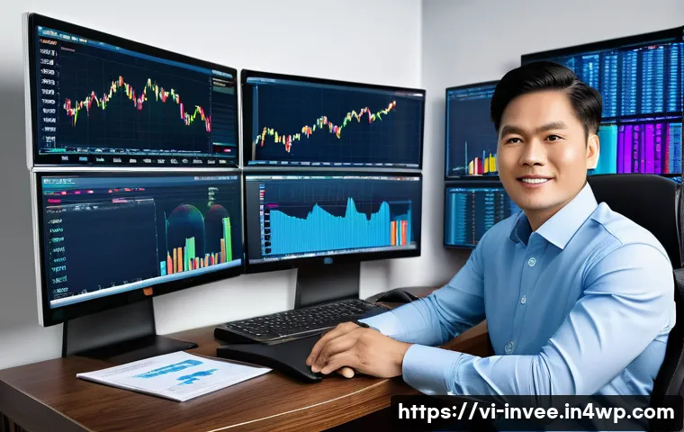 팩터 투자 성과 분석 사례 연구 - A modern Vietnamese investor working at a sleek home office with multiple computer screens displayin...