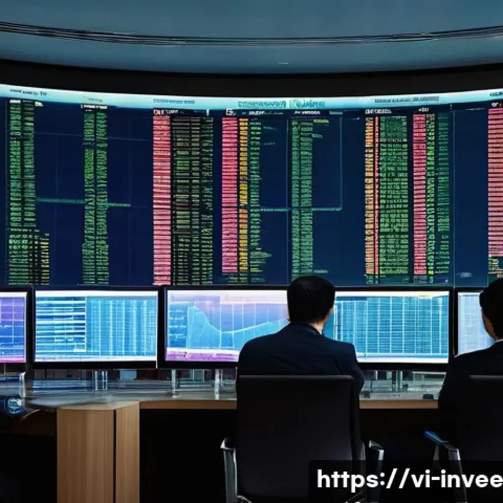 팩터 투자와 주식 시장의 동향 - A modern Vietnamese stock market trading floor scene at dusk, with diverse young and middle-aged inv...
