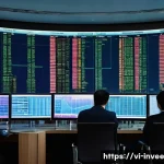 Home 19 팩터 투자와 주식 시장의 동향 - A modern Vietnamese stock market trading floor scene at dusk, with diverse young and middle-aged inv...