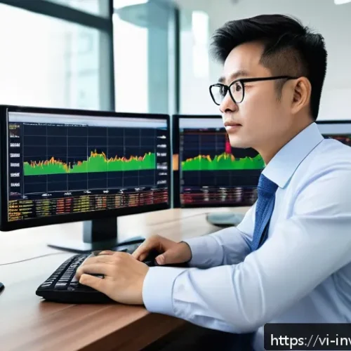 Home 30 팩터 투자에서의 가치 평가 방법 - A professional Vietnamese investor analyzing stock market data on multiple computer screens in a mod...