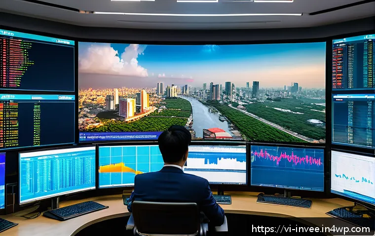 팩터 투자에서의 데이터 분석 기법 - A futuristic Vietnamese stock market trading floor bustling with diverse investors using advanced AI...